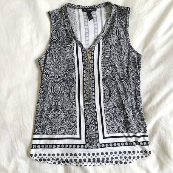 INC International Concepts Blouse Tank Top Womens Small Black Paisley Half Zip C - Picture 1 of 5